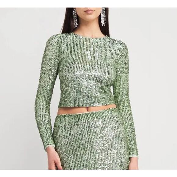 Alice + Olivia Tops - ALICE + OLIVIA Delaina Long Sleeve Sea Green Sequin Crop Top